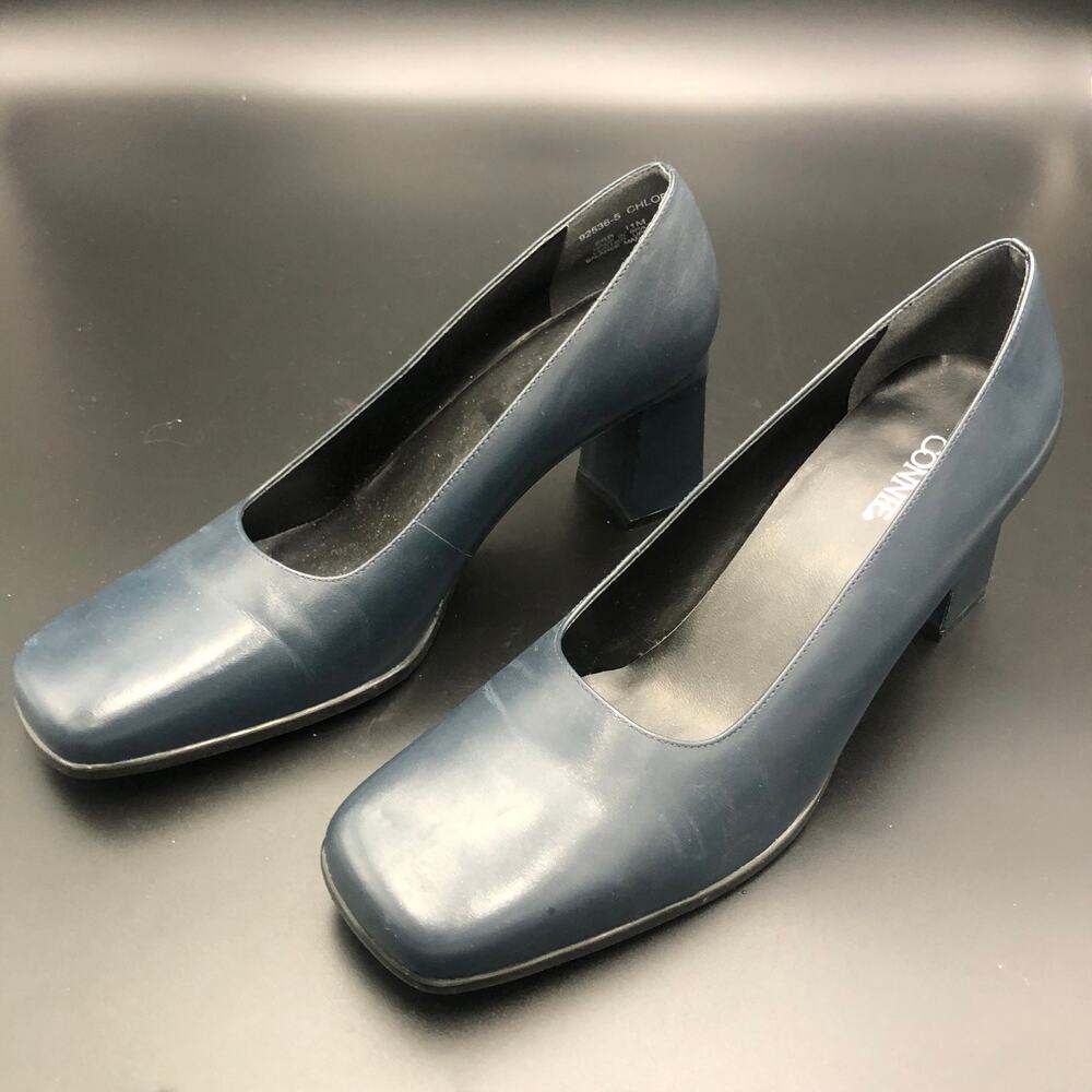 Connie Navy Leather Chunky Heels, Women's Size 11M/EUR 41.5